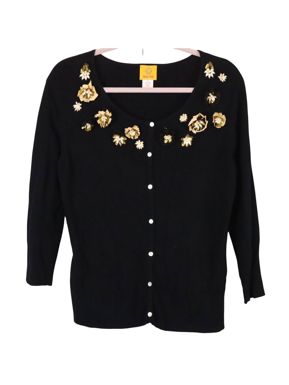 Vintage Y2K Ruby Rd Black Ribbed Cardigan Copper Pearl 3D Flowers  XL 3/4 Sleeve
